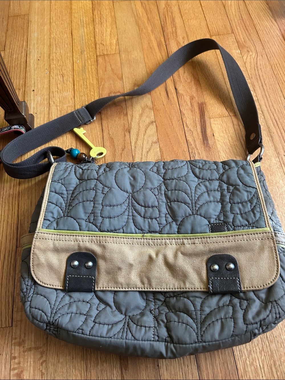 Fossil Quilted Gray Messenger Bag with Tan Trim